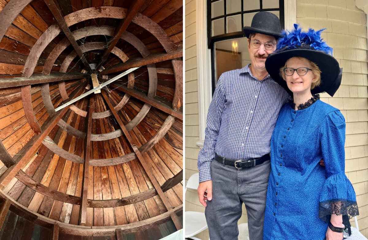 Alameda Post - A photo of the conical interior of a turret, and a photo of a couple smiling and wearing period garb.