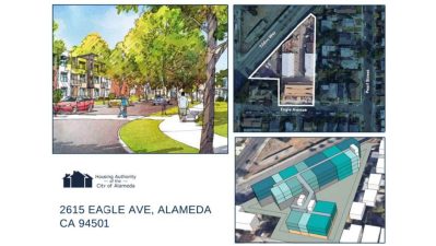 Alameda Post - a collage of renders and a map view of the proposed apartment building, The Popular