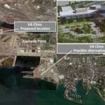 Alameda Post - a google image of Alameda showing the proposed location of the VA clinic and the author's suggestion for a different location