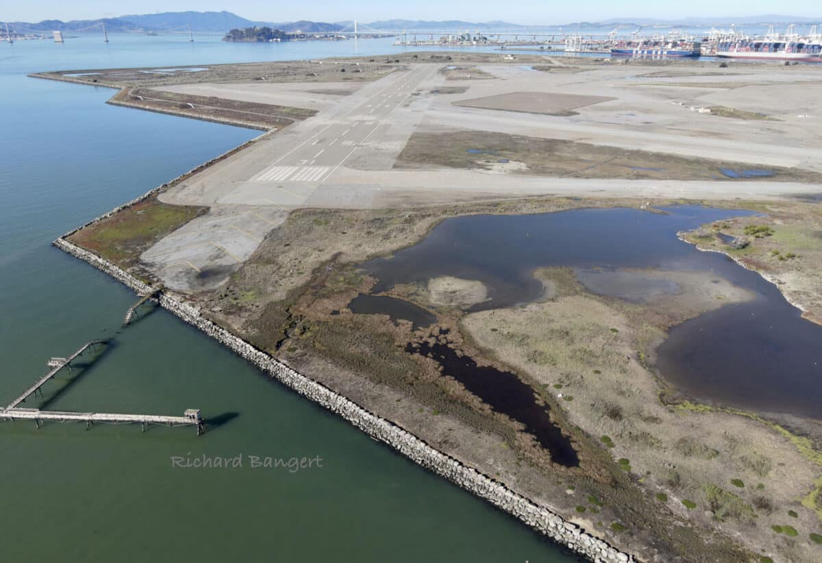 Alameda Post - An aerial view of an Alameda Point runway and shoreline.