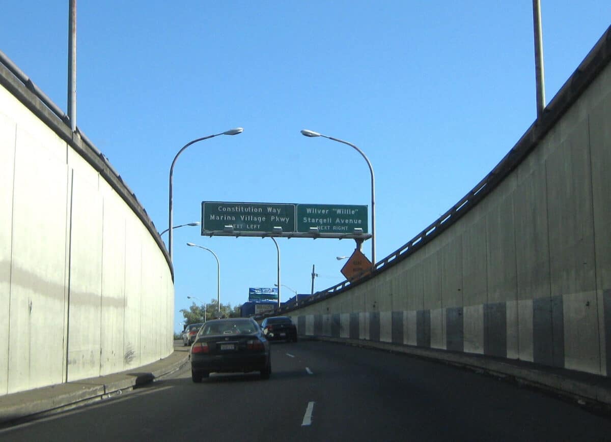 Alameda Post - The view coming out of the Webster tunnel with a view of the street sign for Willie Stargell Avenue