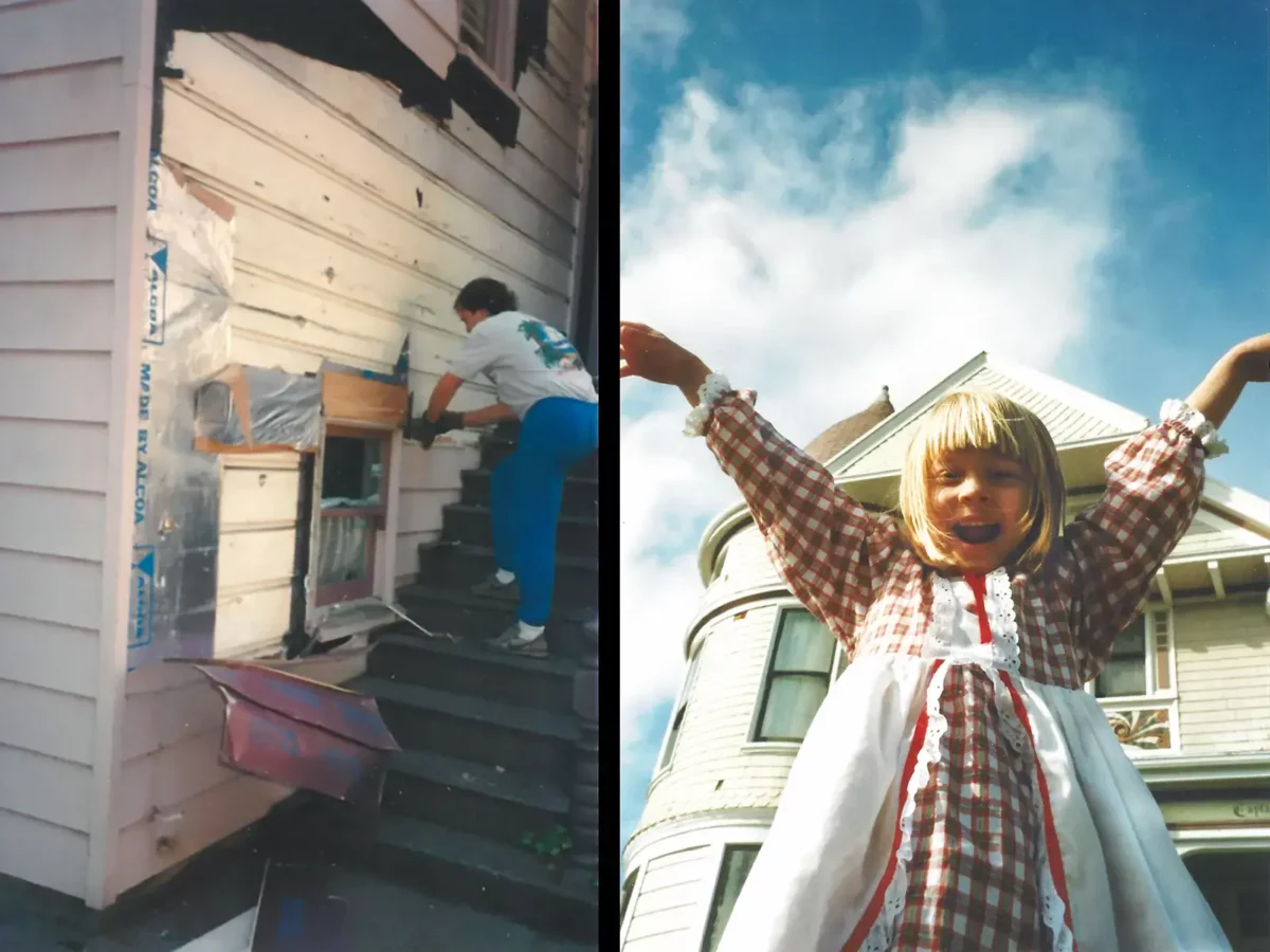 Alameda Post - two photos, on the left a man removes aluminum siding. On the right a young girl with her arms raised.