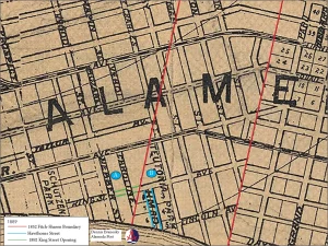 Alameda Post - a map of a portion of the Gold Coast in Alameda with annotations for original street openings and boundaries